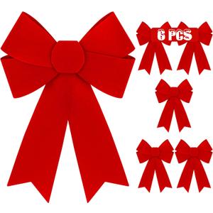 6 PCS Large Red Velvet PVC Hanging Christmas Bows, 9 x 12 Inches - Indoor/Outdoor Xmas Decor for Home, Party, Wreath, Fence, Fireplace, Stairs, Railing, Door (6PCS, Red)