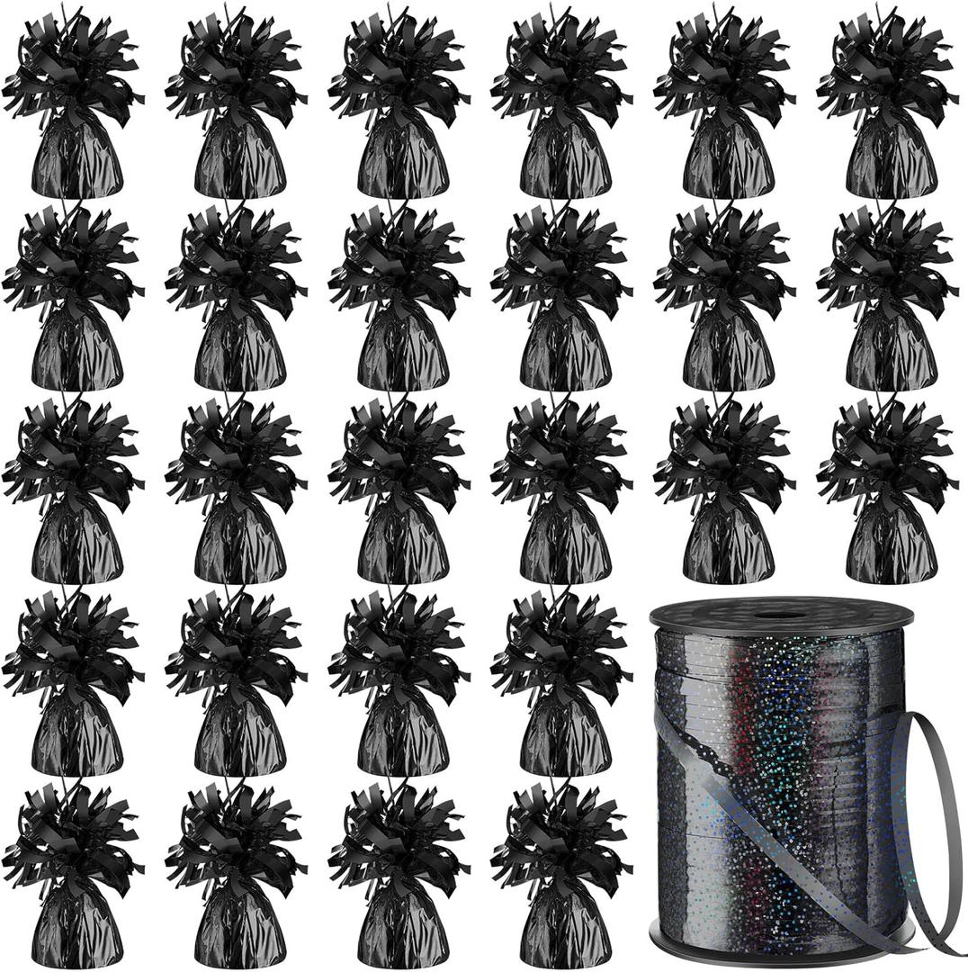 Yunsailing 24 Pcs Balloon Weights Metallic Anchor Balloon Holder for Helium Balloons Heavy Table Weights and 1 Roll Iridescent Crimped Ribbon for Birthday Wedding Baby Shower Party(Black)