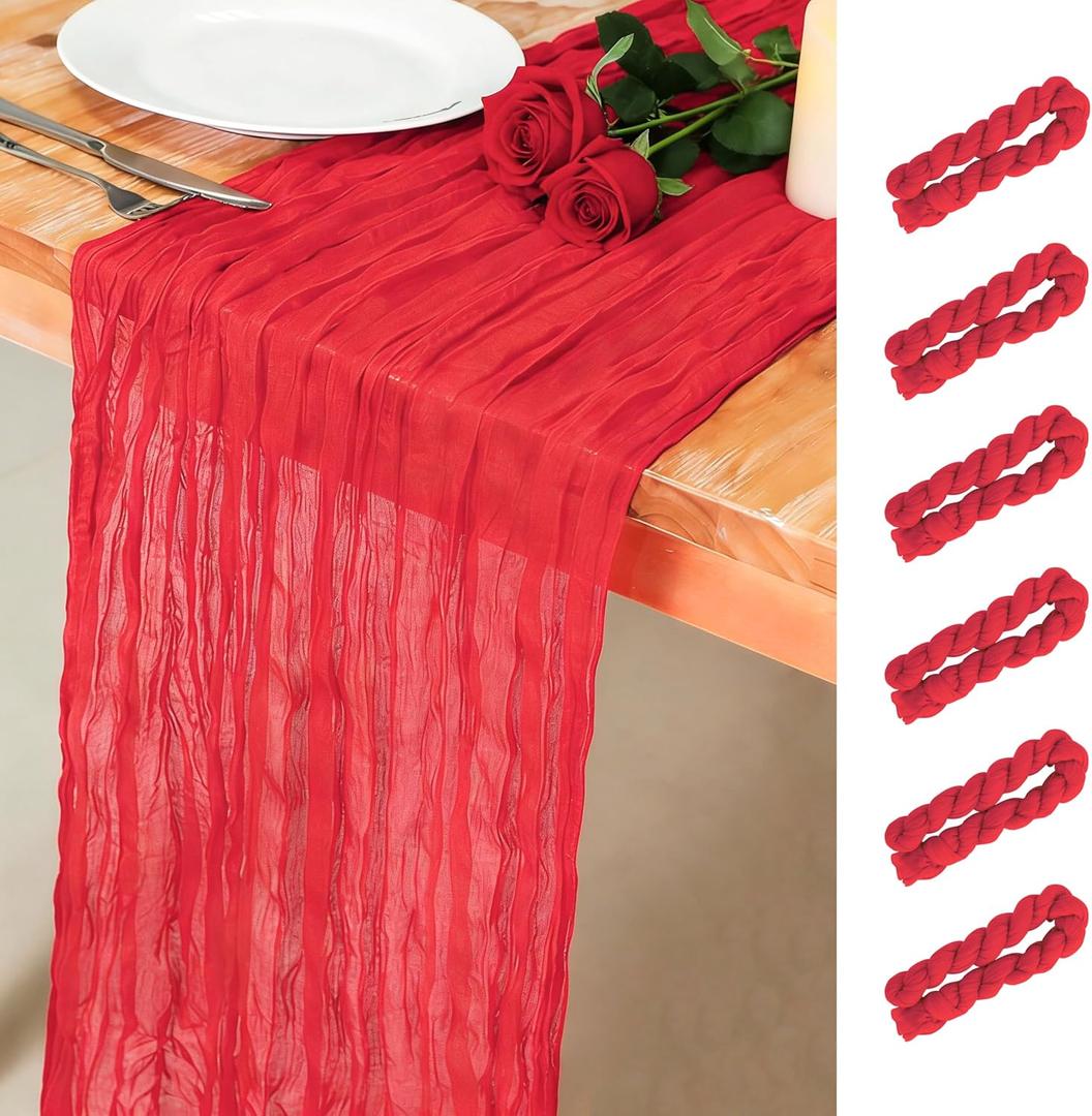 Snowkingdom 6 PCS Red Cheesecloth Table Runner 10 Ft, 120 inch Long Cheese Cloth Gauze Runners for Christmas Wedding Bridal Baby Shower Birthday Holiday Party Table Decorations