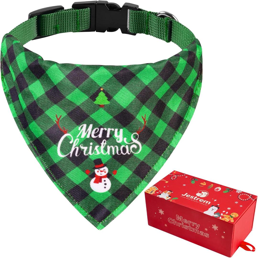 2 x Valentines Day Dog Bandana with Unique Quick-Release Buckle and Retractable Design,Triangle Reversible Bibs Breed for S-M Dog and Cat,Green Plaid Bandana with Christmas Santa Print in a Gift Box(M)
