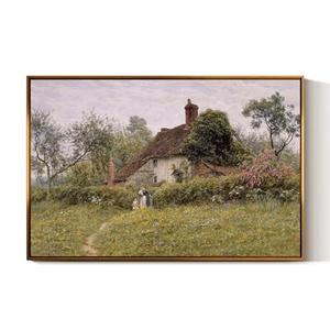 InSimSea Golden Framed Vintage Canvas Wall Art Old Cottages At Pinner Painting Romantic Landscape Print 24x36in, English Cottage Countryside Farmhouse Modern Home Wall Decor For Bathroom Bedroom