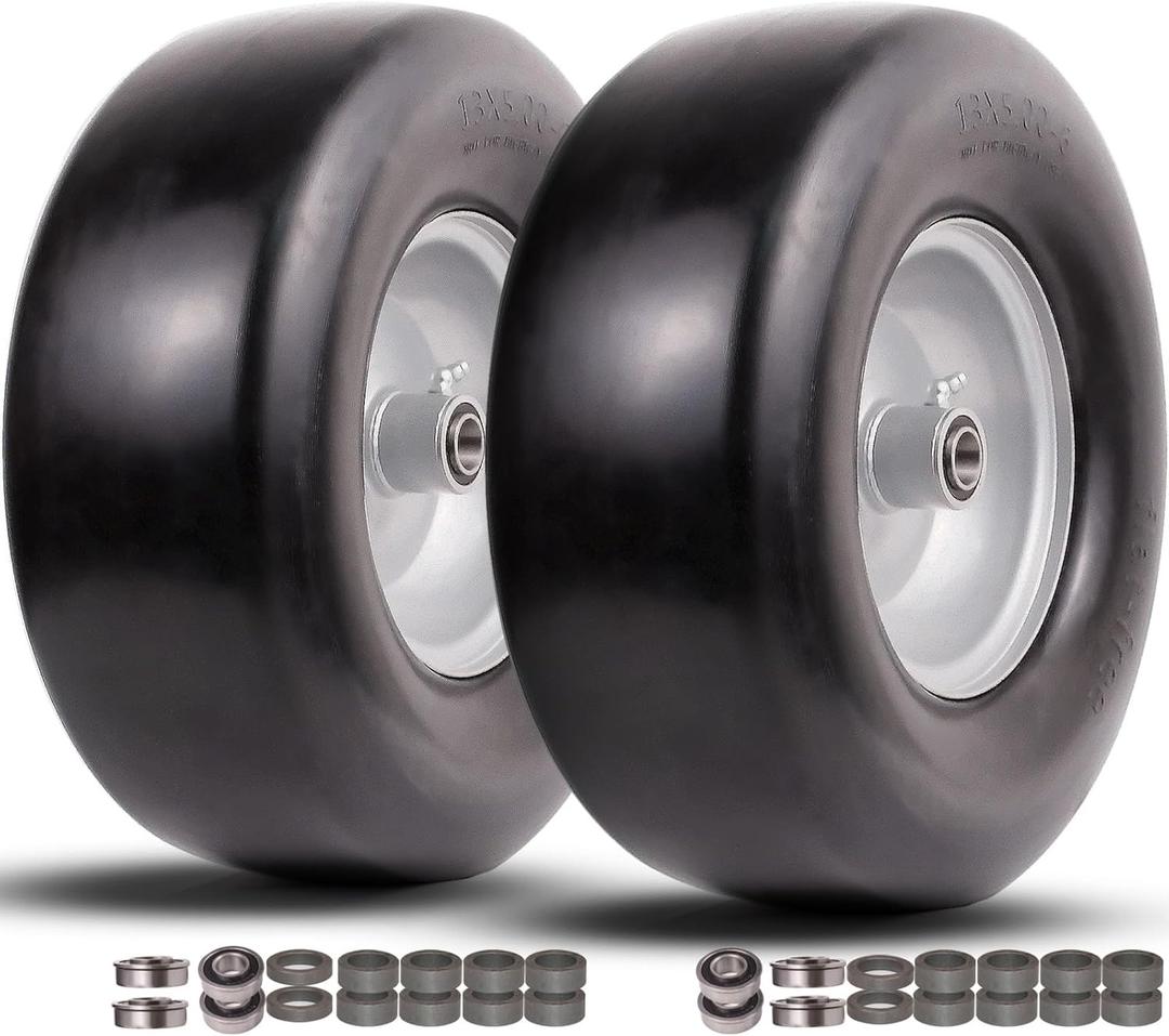 13x5.00-6 Flat Free Tire and Wheel,Front Zero-Turn Smooth Tire Assembly Replacement for Riding Lawn Mower Garden Tractor,with 3/4" & 5/8" Precision bearings,3.25"- 5.9" Center Hub (2 Pack)