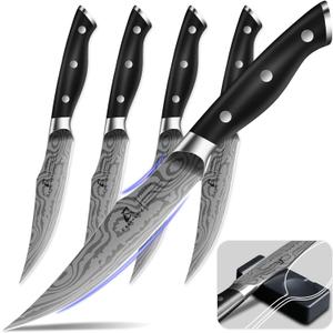 CoquusAid Steak Knives Set of 4, 4.8 Inch Fine-Edge Super Sharp Table Knives with Rest, Premium Germany Stainless Steel Ergonomic Handle, Elegant Black Ideal for Gift