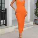 MEROKEETY Womens Summer Bodycon Knit Midi Dress 2026 Spring Beach Vacation V Neck Casual Sleeveless Ribbed Sweater Dresses (Orange, S)
