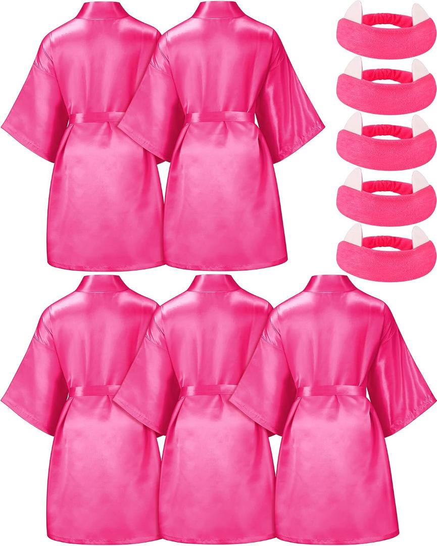 Jecery 5 Pack Spa Robes Set for Party Gift Sleepover Slumber Birthday Party Squad Robe DIY Silk Satin Bathrobes with Headband, Size 10 (Pink)