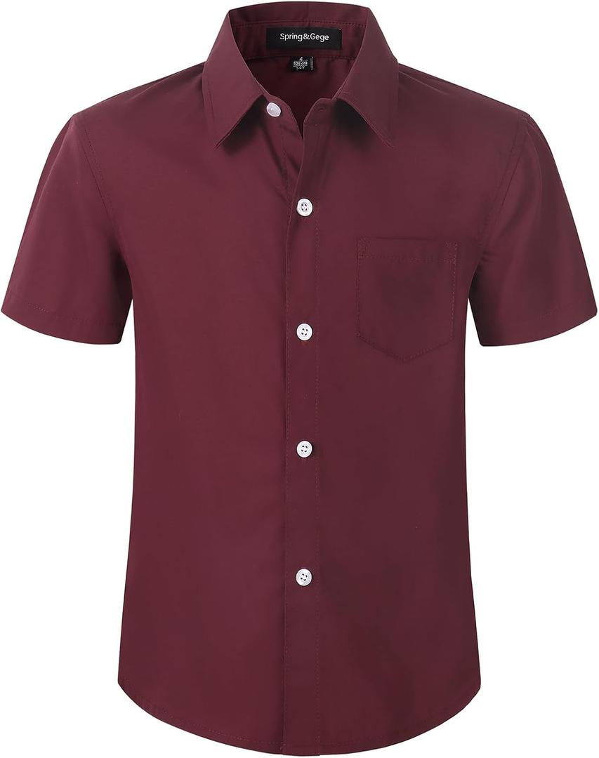 Spring&Gege Boys' Short Sleeve Dress Shirts Formal Uniform Poplin Solid (12, Wine Red)