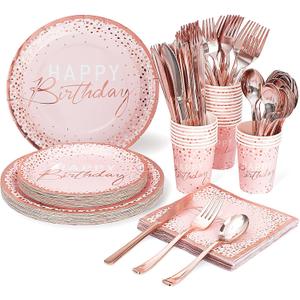 175PCS Happy Birthday Plates and Napkins Party Supplies, Paper Pink and Rose Gold Plastic Forks Knives Spoons Serve 25 Guests for Girl Women