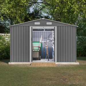 10X8 FT Outdoor Storage Shed with Galvanized Steel Construction & Lockable Doors,All Weather Garden Tool House Sheds W/Sliding Doors and Padlock,for Patio,Backyard,Lawn,Gray