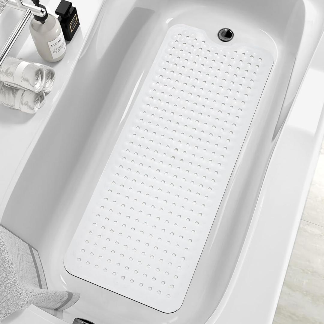MOONFLY Shower and Bathtub Mat, 40x16 Inches, Extra Long Non Slip Mats with Suction Cups and Drain Holes, Machine Washable and Anti Slip Bathmats, Bathroom Mats for Tub Nonslip (White)