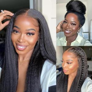 Kinky Straight Synthetic Lace Front Wig, 13x6 HD 180% Density Glueless Lace Front Wigs for Black Women, Yaki Synthetic Wig with Pre Plucked Natural Hairline for Daily Use (#1B Black, 22 Inch)