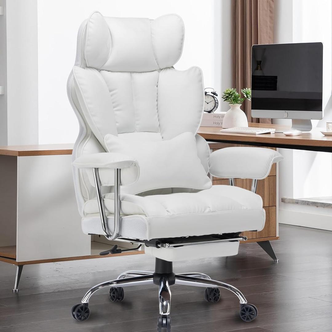 Efomao Big and Tall Office Chair 400lbs  PU Leather Executive Office Chair with Lumbar Support & Leg Rest, Heavy-Duty Computer Chair for Home Office, White