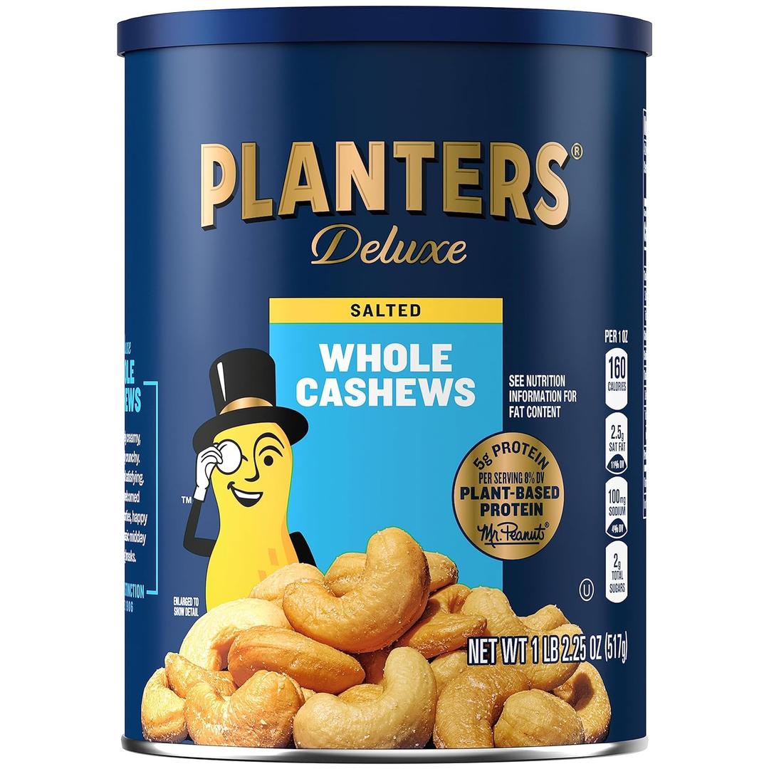 PLANTERS Deluxe Salted Whole Cashews, Party Snacks, Plant-Based Protein, Quick Snack for Adults, After School Snack, Roasted Cashew Flavored with Sea Salt, Bulk Nuts, Kosher, 1 lb 2.25oz Canister (EXP 11/07/27)