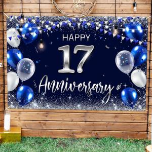 Happy 17th Anniversary Backdrop Banner Decor Navy Blue  Silver Glitter Happy 17 Years Wedding Anniversary Party Theme Decorations for Women Men Supplies