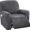 H.VERSAILTEX Velvet Stretch Recliner Couch Covers 4-Pieces Style Recliner Chair Covers Recliner Cover for Reclining Chair Slipcovers Feature Non Slip Form Fitted Thick Soft Washable, Grey