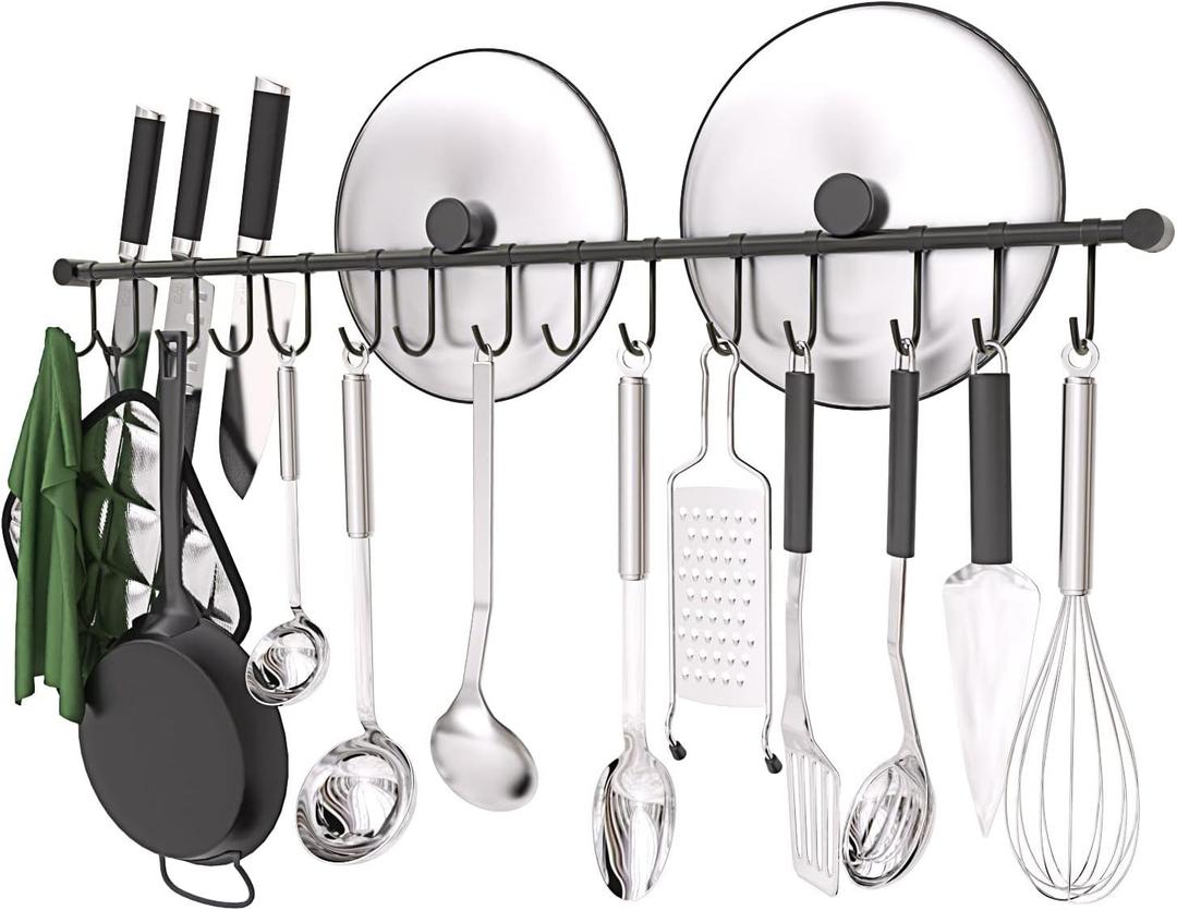 304 Stainless Steel Kitchen Utensil Hanger - 30 Inch Wall Mount with 15 Pcs Noiseless Sliding Hooks, Pots and Pans Hanging Rack, Organizer Storage for Spoon Peeler, Black
