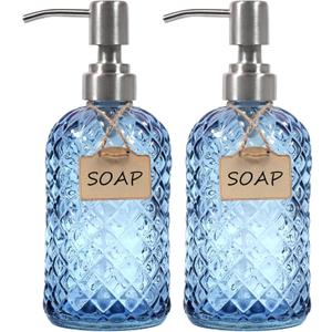 Funly mee Bathroom & Kitchen Glass Hand and Dish Soap Dispenser with 304 Rustproof Stainless Steel Pump (Blue), Pack Of 2