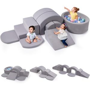 Rinnebbit 9-Piece Foam Climbing Blocks for Toddlers, Baby Climb and Crawl Soft Play Set with Ball Pit, Machine Washable Cover, Indoor Activity Play Structure, Climbing Toys for Toddlers 1-3 (Gray), 105.1"x18.9"x16.9"