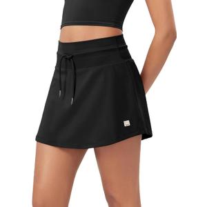 ODODOS Women's Drawstring Tie Daily Skirts Built-in Shorts Athletic Golf Tennis Skorts with Ball Pocket (Large, Black)