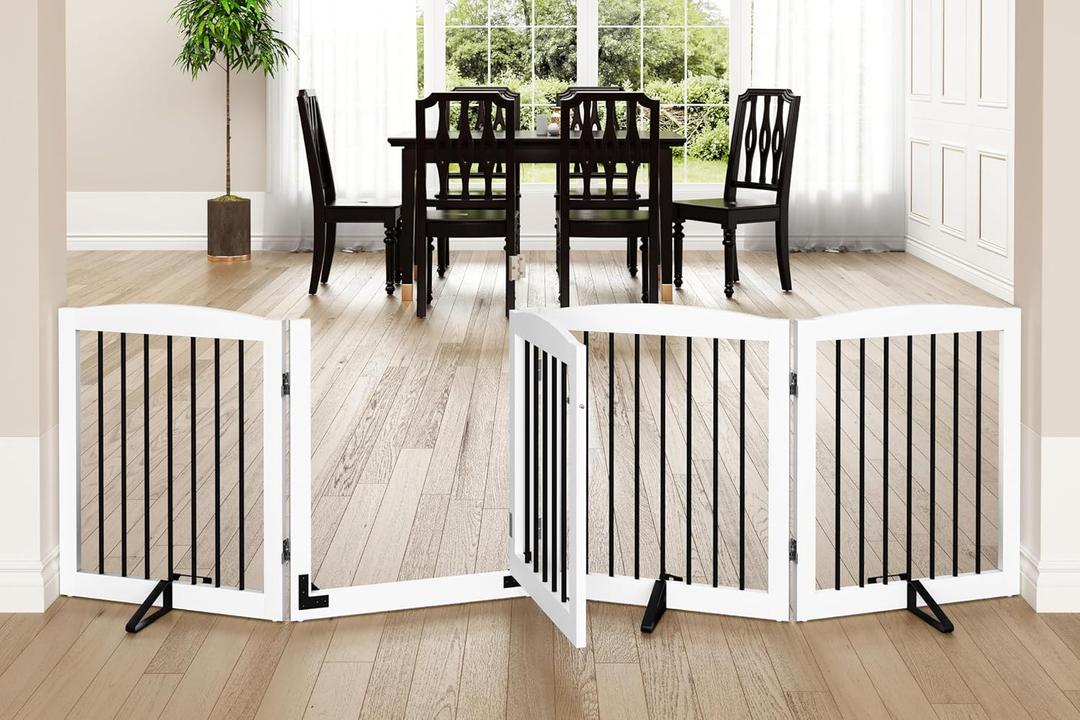 PUPETPO Freestanding Dog Gate with Door, Pet Gate for Stairs, 80 inch Wide Pet Barrier Indoor, Dog Fences Indoor, Support Feet Included, 4 Panels, 24" Tall, White & Black
