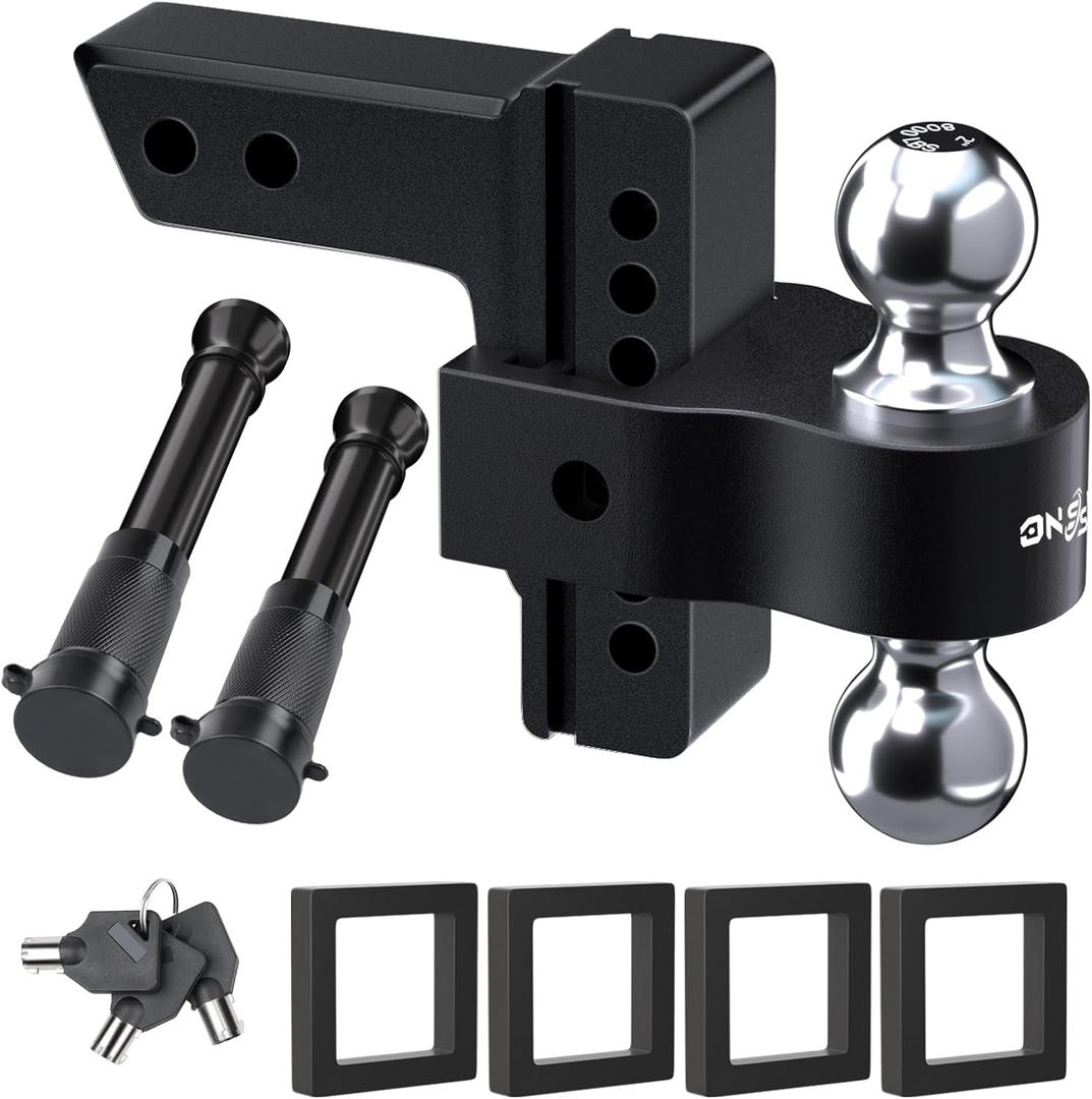 Adjustable Trailer Truck Drop Hitch - Fits 2 Inch Receiver Only, 6 Inch Drop Dual Ball Mount 2" and 2-5/16" Up to 12,500 LBS GTW, Heavy Duty Aluminum Towing Hitch with 2 Hitch Locks & 4 Silencer Pads , Black
