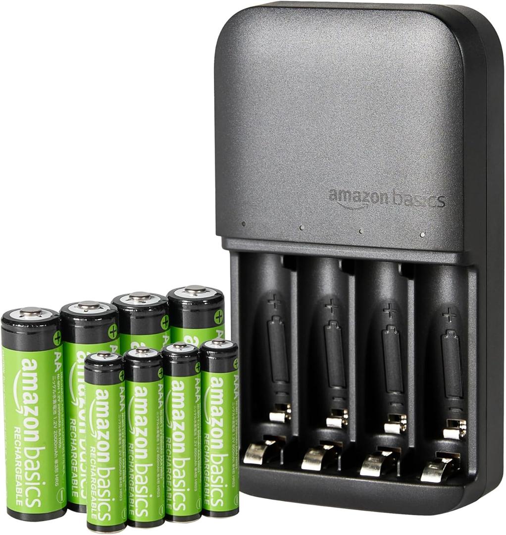 Amazon Basics NiMh Rechargeable Batteries (4 AA & 4 AAA) with 4 Bay Battery Charger, Type A (American) Plug, Black, 8 Count