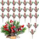 Dingion 24 Pcs Christmas Floral Pine Cones for Crafts Red Berry Stems Artificial Evergreen Pine Branches with Snowflakes Flocked Holly Christmas Holiday Floral Picks for DIY Xmas Tree Winter Decor