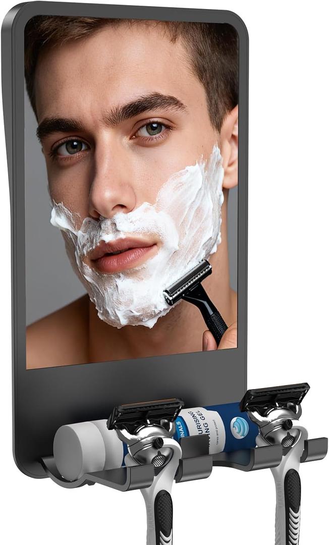 Shower Mirror for Shaving Fogless with Multifunctional Storage for Razor and Shaving Foam Canister, Adhesive or Screw Optional Installation,Adjustable Angle, Black