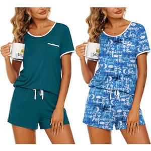 Ekouaer 2 Pack Womens Pajama Sets Lightweight Summer Pajamas Short Sleeve Pj Top with Shorts, Chest Pocket, Sizer: XL