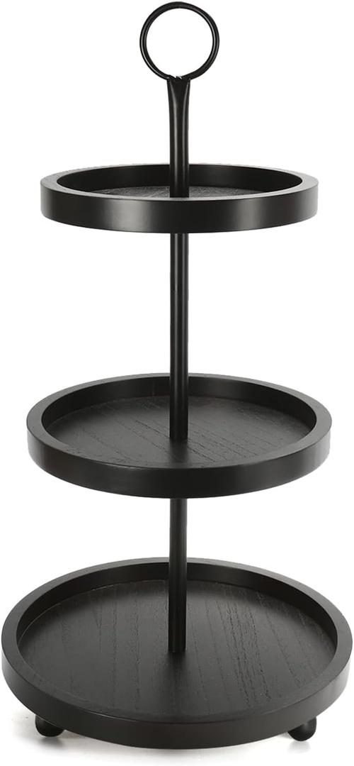 Wooden 3 Tiered Tray Stand, Farmhouse Round Black 3 tier Decorative Tray for Home Kitchen Table Decor, Serving Tray for Coffee Bar Party Weddding Holiday Decorations Fruits and Cupcake Display