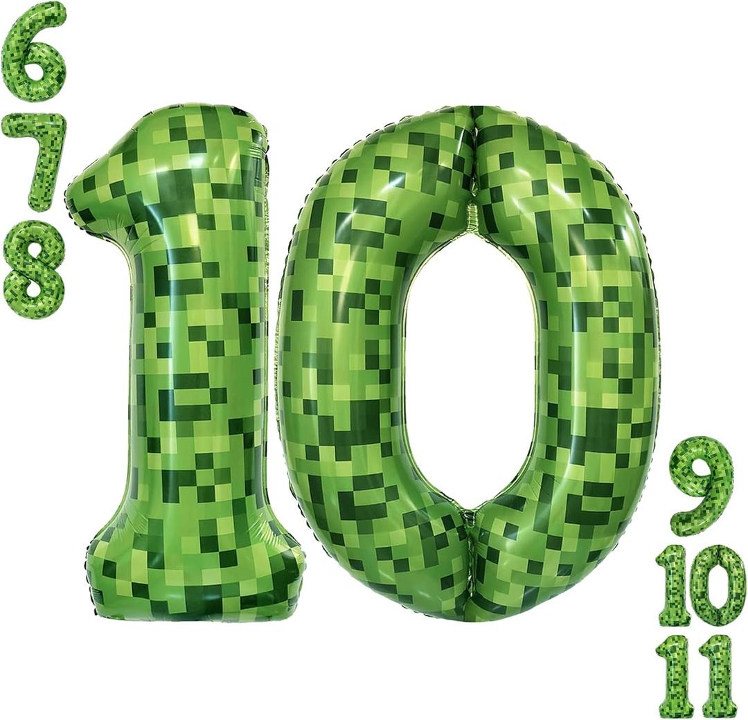 5 x Video Game Number 10 Balloon Different shades of Green Number Balloons for Game Birthday Decorations, Pixel Game Party Supplies 10 Number Balloon