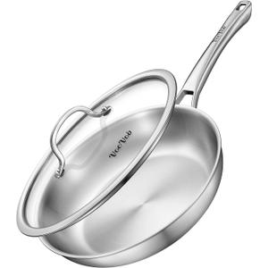 12 inch Tri-Ply Stainless Steel Frying Pan with LID,PFOA&PTFE Free Skillets,Chef's Pans,Dishwasher and Oven Safe Cookware, Works on Induction,Ceramic and Gas Cooktops