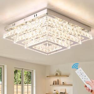 Finktonglan Modern Square Crystal LED Ceiling Light Fixture, 15” Dimmable Crystal Chandelier Ceiling Lights 3-Tiers Light Fixtures Ceiling Mount for Bedroom Living Room Dining Room