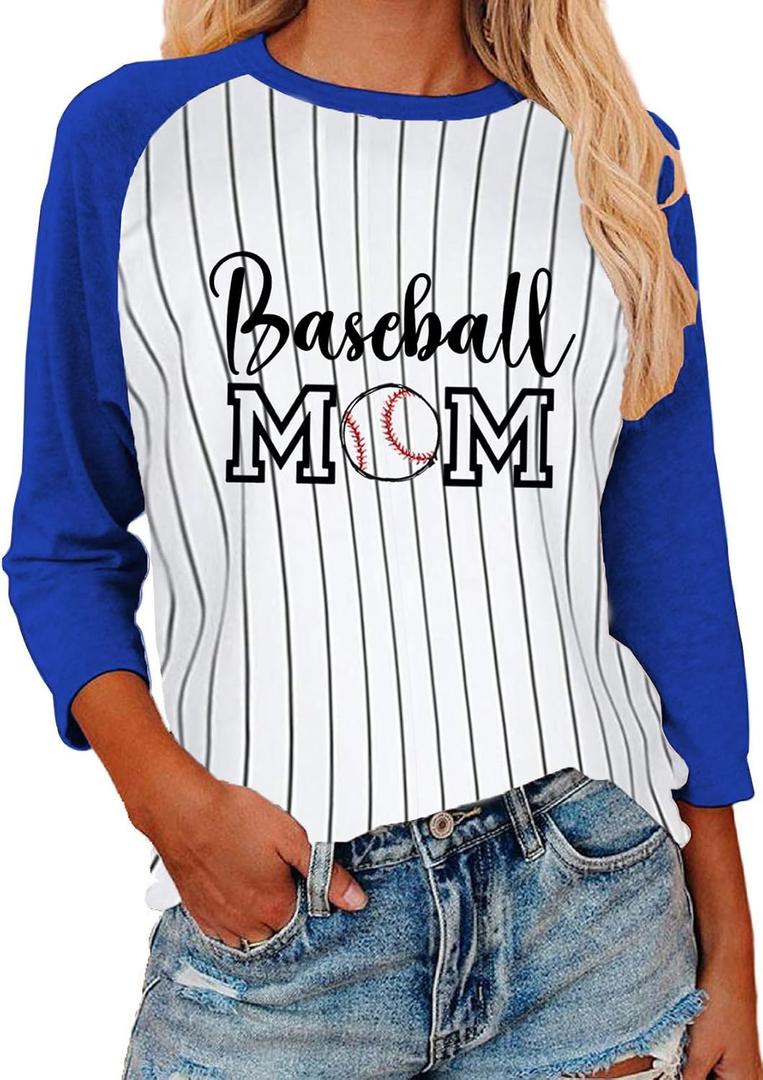 Womens Striped Baseball Shirt 3/4 Sleeve Raglan Crewneck Patchwork Ladies Baseball Mom Tops Blue M (M)