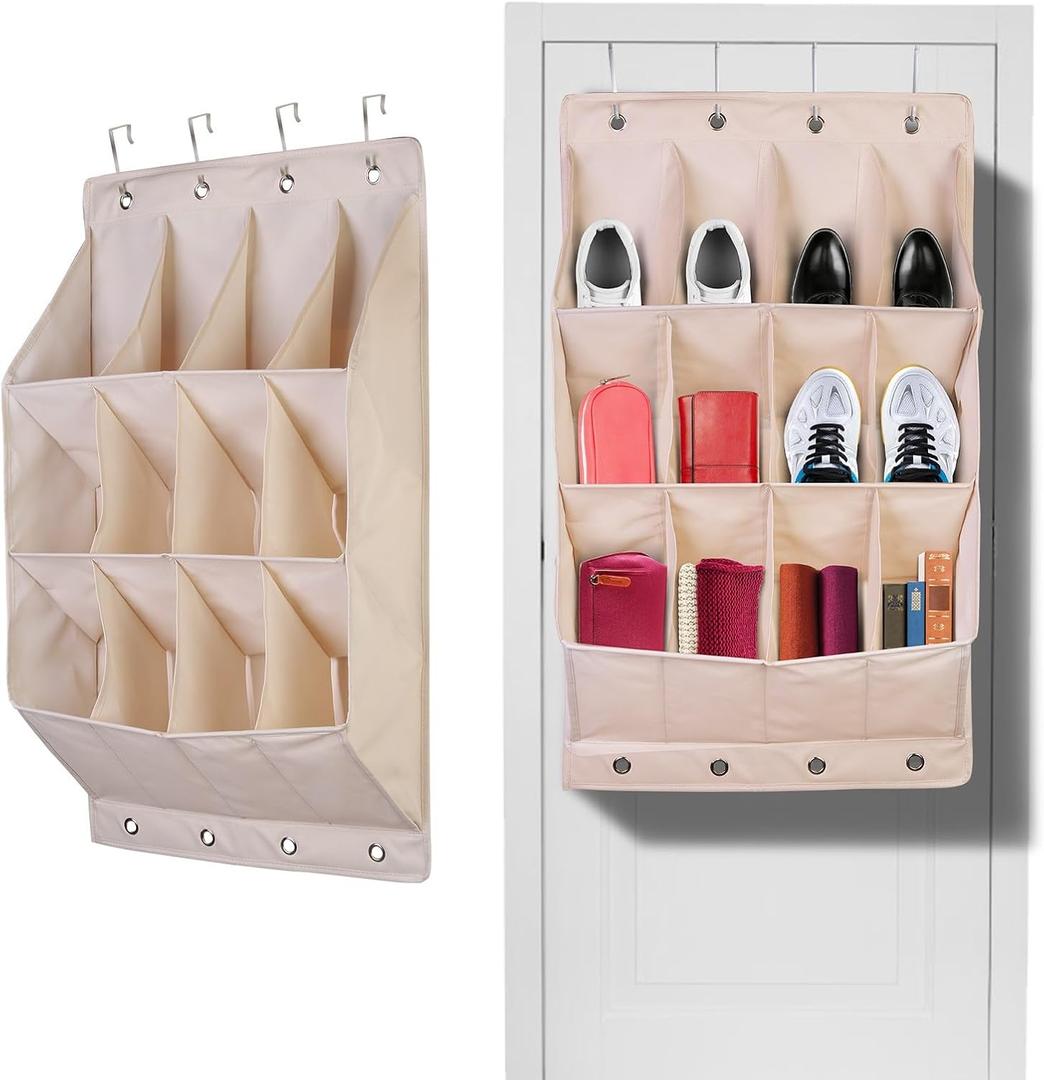 Over the Door Shoe Organizer Hanging Shoe Organizer with 12 Large Pockets and 8 Metal Hooks Wall Shoe Rack, Storage For 12 pairs of shoe, Toys Hats Sneakers and More | 1Pack Cream