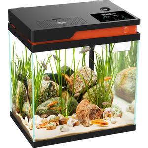 Fish Tank Smart Aquarium Kit, 3.6 Gallon Multi-Layer Filtration System Silent Water Pump, Temperature Display 8 Colors Lighting Auto Feeder Aromatherapy Box for Fish Betta Room Desktop Decor