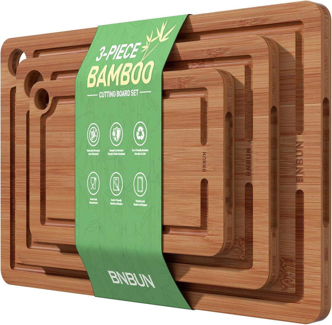 Bamboo Cutting Board for Kitchen, Wooden Cutting Board 3-Piece Set with Non-Slip Mat Deep Juice Groove and Built-In Handles, Wood Cutting Board for Meat Vegetables Fruit Ideal Gift for the Home (Brown)