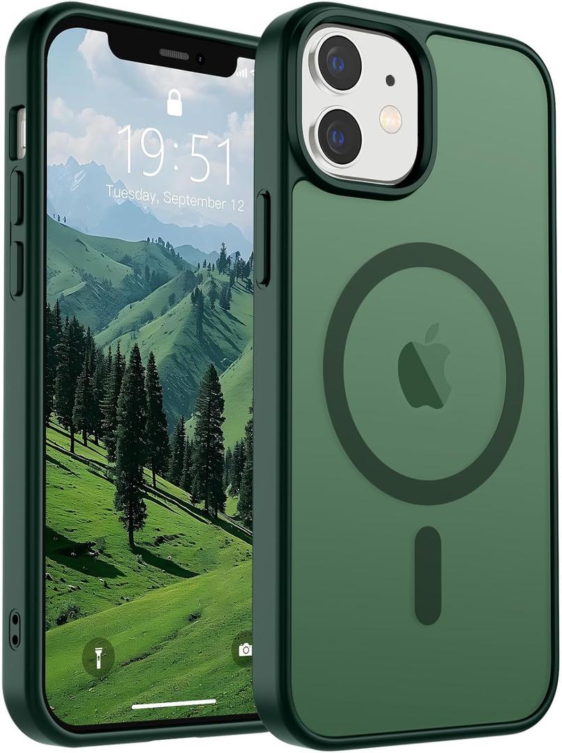 SUPFINE Magnetic for iPhone 12 Mini Case & iPhone 13 Mini Case (Compatible with MagSafe) (Military Grade Drop Protection) Slim Translucent Matte Shockproof Phone Cover,Forest Green