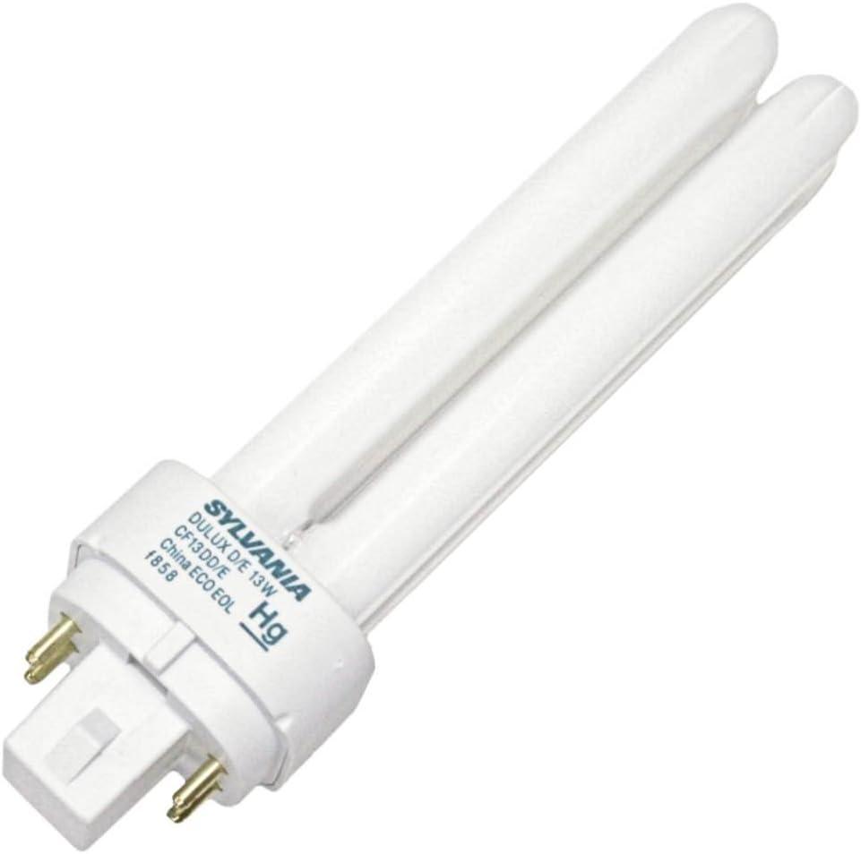 Sylvania Dulux D/E CFL Compact Fluorescent Light Bulb, 4 Pin, 13W, 1 Pack | Double Tube, G24q-1 Base, 13 Watt Long Lasting Energy Efficient Light Bulb, 20000 hr Life, Dimmable, 4100K Cool White