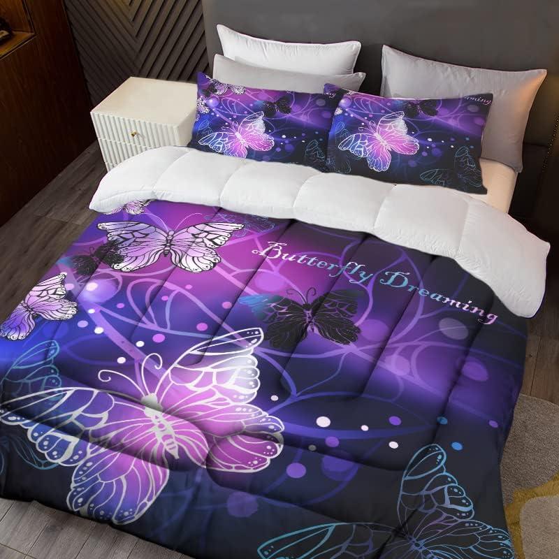 Sunnycitron 3D Purple Butterfly Bedding Queen Comforter Set Dreamy Butterfly Comforter Set for Girls Neon Butterflies Purple Bed Comforter (1 Comforter + 2 Pillowcases),Easy-Wash Fade Resistant (Queen(90"x90"))