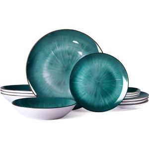 Bestone Porcelain Dinnerware Sets Service for 4, 12 pcs Hand drawn Plates and Bowls Sets, Handmade Ceramic Dish Set, Chip Resistant Modern Plate Set, Dishwasher/Microwave SafeStarburst Green