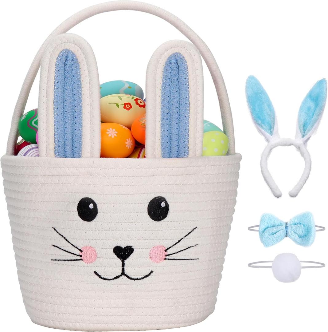 Easter Baskets for Kids Cute Bunny Egg Hunt Basket Bags with Bunny Ears Headband Bow Tie Tail Set (Blue)