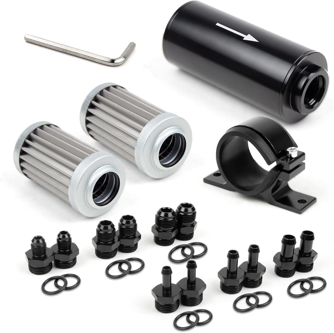 10 Micron Inline Fuel Filter with 6AN 8AN 10AN Adapter(6pcs), Barb 1/2", 3/8", 5/16" Fitting Adapter (6pcs),Bracket Clamp 50MM Universal, 10 Micron Filter Element Replacement