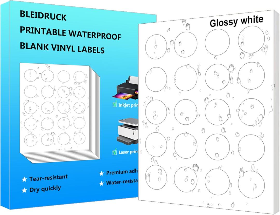 1.5" Diameter Glossy White Round Labels Waterproof Printable Circle Label Sheets 400 Pcs Vinyl Sticker Labels for Inkjet or Laser Printer
