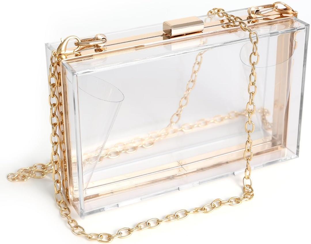 WJCD Clear Acrylic Crossbody Purse - Stadium Approved Box Clutch with Gold Chain, Small Transparent Evening Bag for Women | Premium Acrylic, Stadium Approved, Gold Chain Strap, Easy to Clean