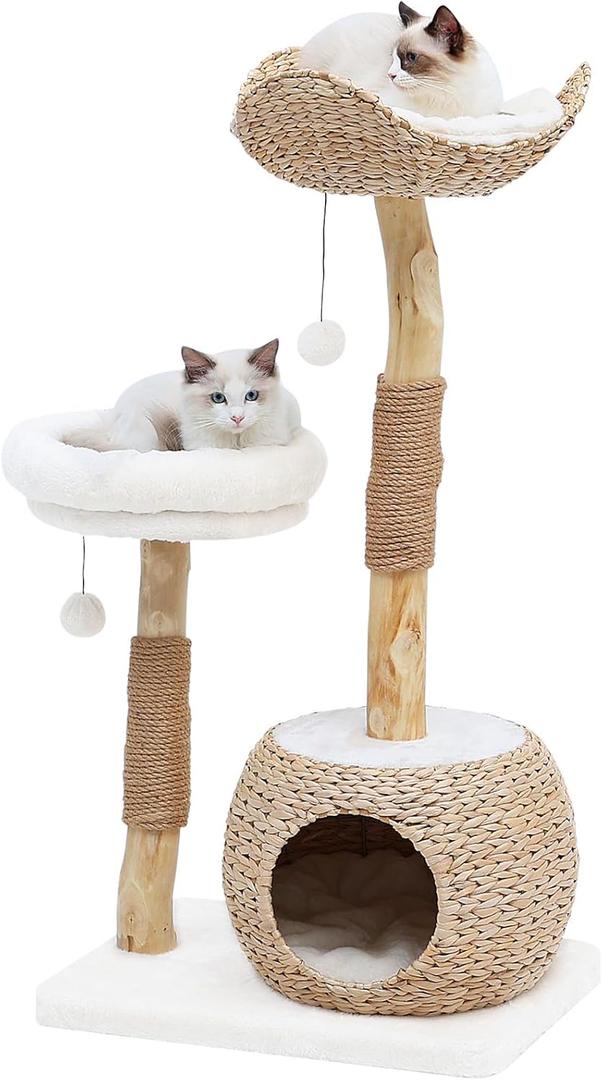 Cat Tree Tower for Indoor Cats, Modern Real Wood Cat Condo with Scratching Post, Jumping Platforms, Hanging Toy Ball for Multi-Cat Households (2 layers)