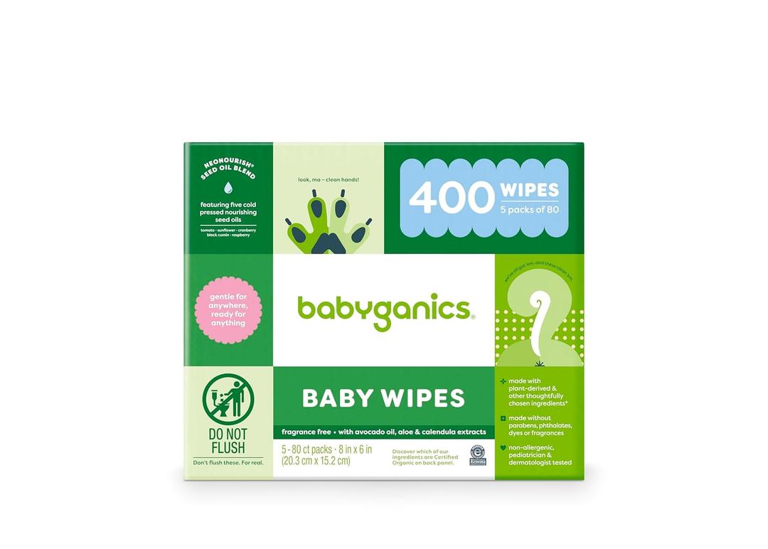 Babyganics Baby Wipes, Unscented Diaper Wipes, 400 Count, (5 Packs of 80), Non-Allergenic and formulated with Plant Derived Ingredients
