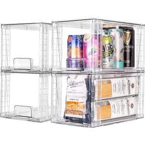 4Pack Large Stackable Kitchen Storage Drawers, Clear Foods Organizer Bins with Handles, Easily Assemble for Bathroom, Kitchen, Pantry, Cabinet, Closet, (XL-Down Handle)