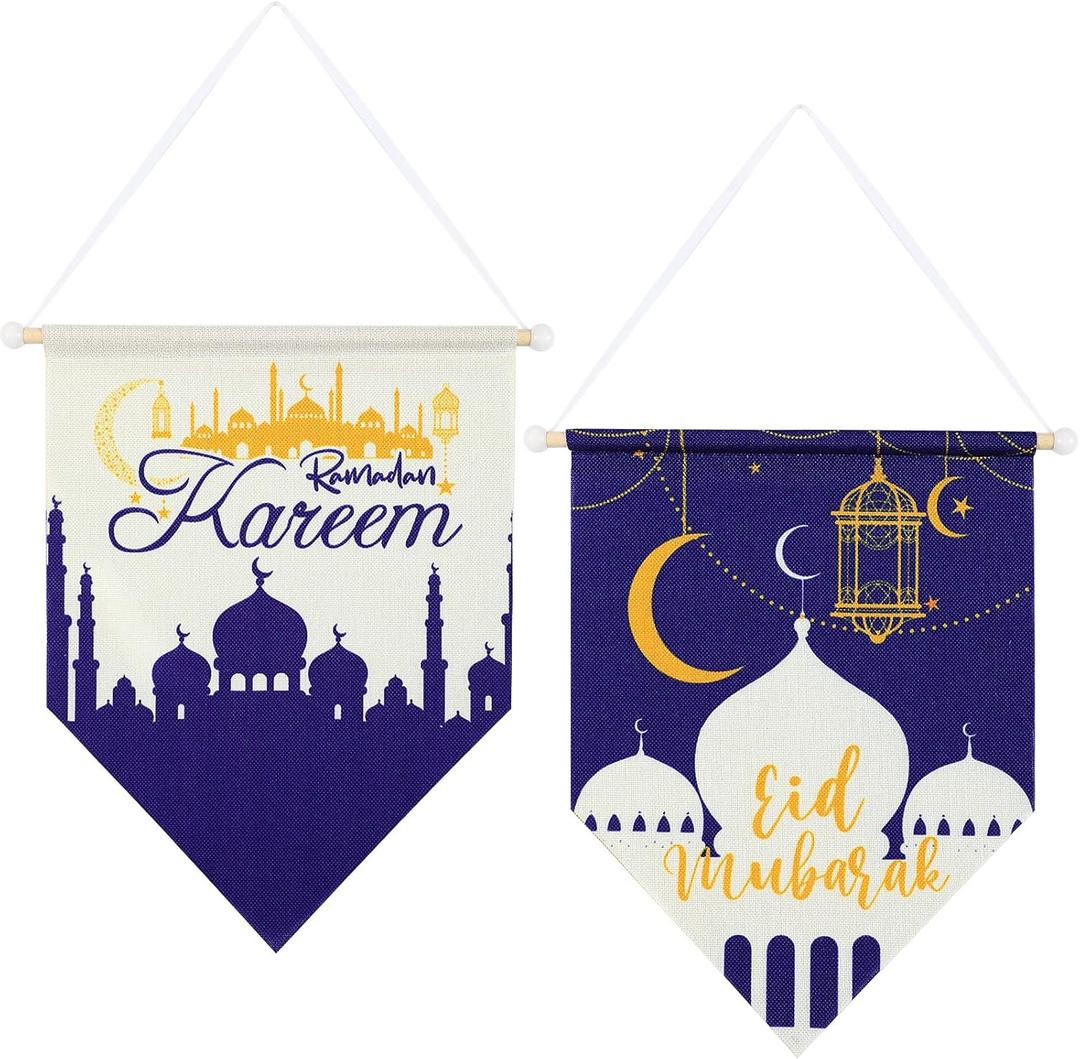Hestya 2 Pieces Ramadan Mubarak Hanging Canvas Sign 15 x 11 Inches Eid Mubarak Hanging Canvas Flag Welcome Banner Door Decoration for Ramadan Kareem Home Decor Party Supplies