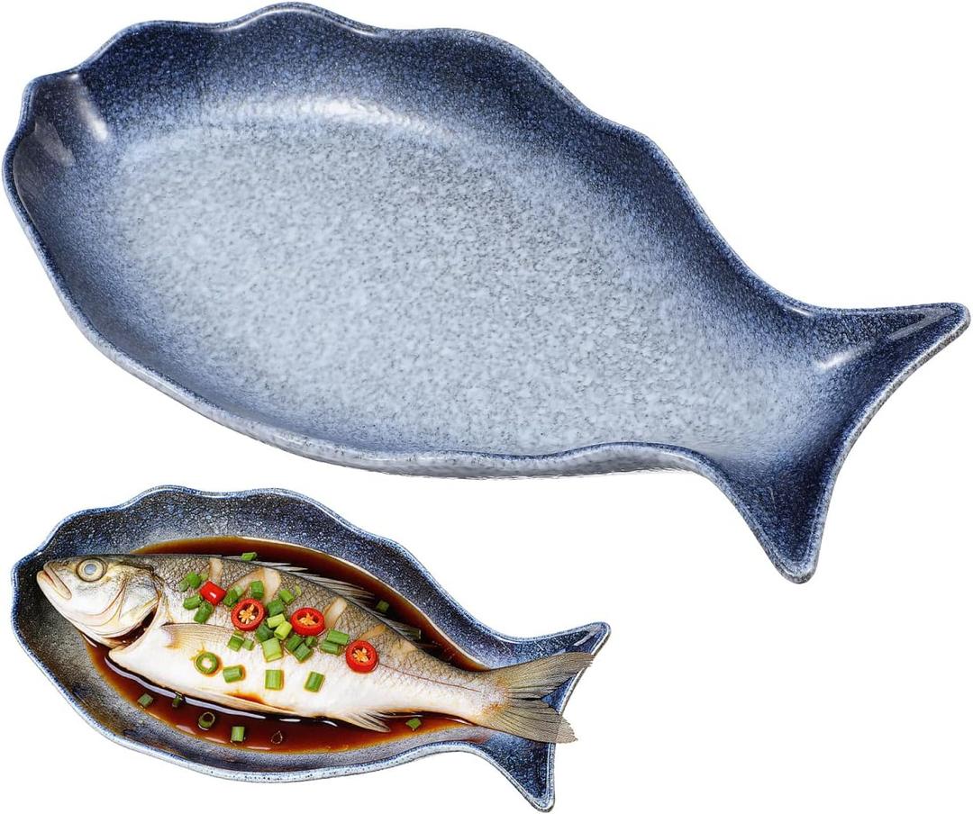 Cabilock 12 Inch Ceramic Fish Shaped Plate, Blue Porcelain Steamed Fish Platter, Deep Seafood Serving Dish for Sushi & Appetizers, Decorative Food Tray for Home Restaurant Kitchen