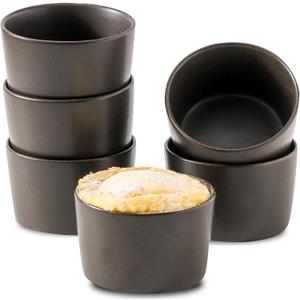 Ramekins 8 oz, Oven Safe Souffl Dishes for Creme Brulee, Souffle, Pudding, Lava Cake, Stoneware Custard Ramikens for Baking, Ceramic Sauce Bowls Set of 6, Kitchen Decor Gift, Matte Black